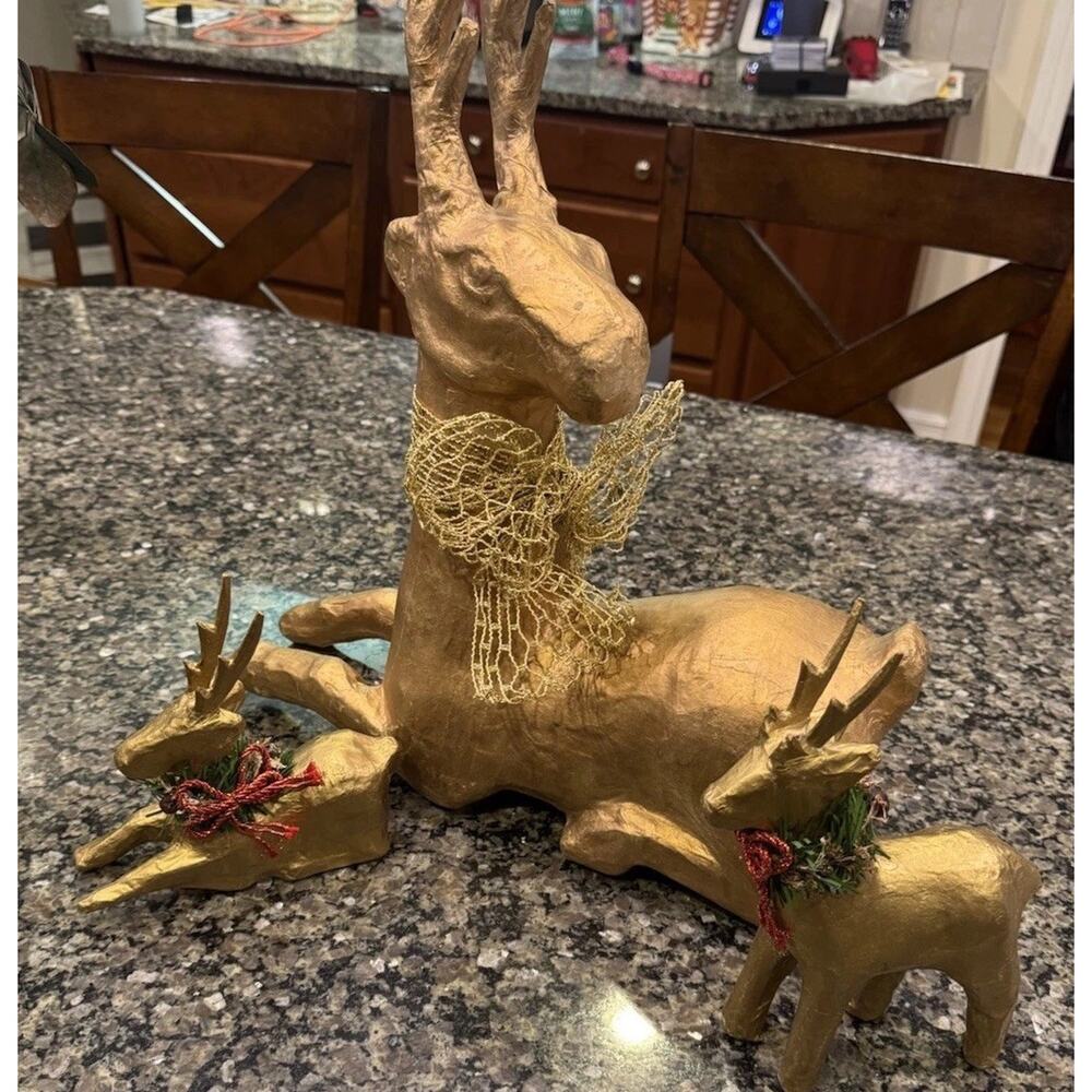Set of 3 Vintage Paper Mache Deer Christmas Holiday Tan Gold Rustic Art Decor